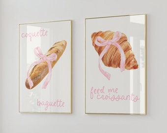 Set of 2 Coquette French Girly Print Croissant Pastry Wall Art Cute Unique Pink Decor for Room Kitchen Dining Trendy Preppy Poster Aesthetic