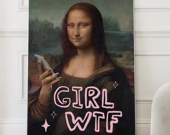 Mona Lisa with phone Trendy funny poster trendy printable wall art funky eclectic apartment decor vintage retro girly print aesthetic