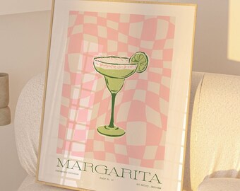 Rosa grünes Margarita Retro-Cocktail-Wandkunst Barwagen-Plakat digitaler Download druckbares Trinkplakat bunte boho wellenästhetische