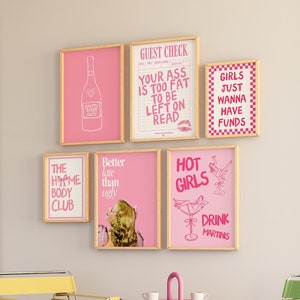 Roze muurgalerij set van 6 afdrukbare posters en prints slaapkamer college slaapzaal esthetische appartement decor trendy girly beter laat dan lelijk