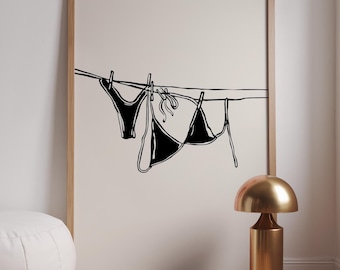Bikini On Clothesline Print, College Apartment Decor, Coastal Beachy Dorm Room Posters, Trendy Beach House Wall Art, Girly Preppy Aesthetic