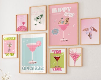 MEGA Cocktail Bundle 8er Set Retro Vintage Trink-Wanddrucke für Barwagen College Wohnheim Wohnung sofortiger digitaler Download rosa Pastell