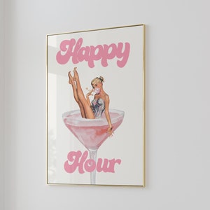 Rosa retro cóctel pared arte bar carrito cartel imprime descarga digital instantánea imprimible cartel de bebida rubor rosa colorido estética vintage