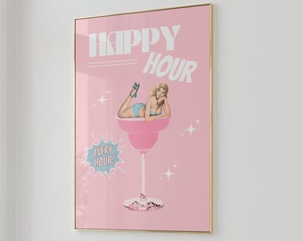 Rosa Retro-Cocktail-Wandkunst Barwagen-Posterdrucksofortiger digitaler Download druckbares Trinkplakat blush rosa bunte Vintage Ästhetik