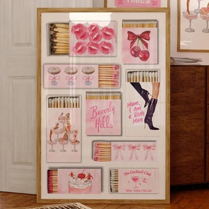 Pink Coquette Matchbox Art Print Poster di fiammiferi alla moda, poster da parete vintage retrò con scatola di fiammiferi, poster stampabile preppy femminile digitale