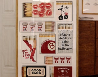 Red Matchbox Art Print Trendy Matches Poster, Vintage Retro Matchbook Wall Art Aesthetic, Girly Preppy Printable Poster Digital Preppy Boho