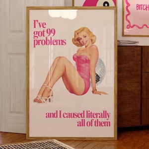 Póster retro de mujer con cita divertida sobre ansiedad social, arte de pared de ama de casa vintage de moda, impresión estética para decoración de apartamentos, descarga digital de los años 60 y 70