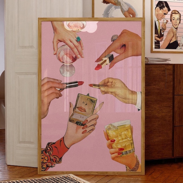 Retro Lipstick Print, Trendy Wall Art Poster, Pink Chic Fashion Icon Poster, Vintage Aesthetic Dorm Art | Instant Digital Download