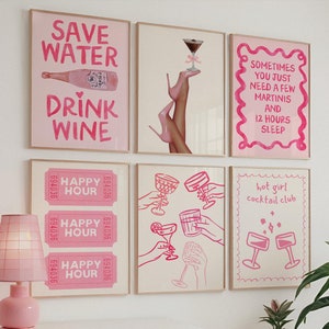 Juego de 6 impresiones artísticas de pared de cócteles rosas, carteles de carrito de bar, descarga digital instantánea, paquete de bebidas imprimible, estética vintage colorida y femenina