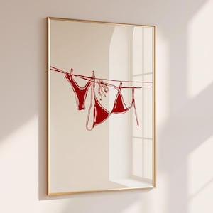 Impresión de bikini rojo en tendedero, decoración de apartamento universitario, carteles de dormitorios universitarios con temática de playa costera, arte de pared de casa de playa de moda, estética femenina
