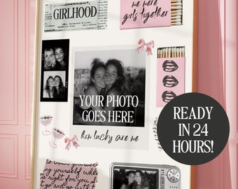 May include: A framed collage with a light wood frame, featuring black and white photos, pink accents, and text. The text includes "GIRLHOOD", "we were girls together", "YOUR PHOTO GOES HERE", and "READY IN 24 HOURS!".