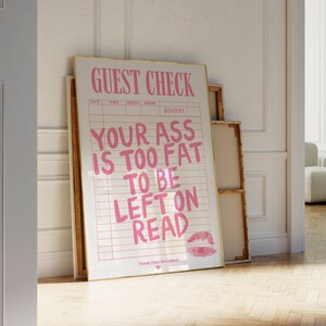 Guest check art print funny quote college dorm apartment pink aesthetic poster instant digital download wall gallery girly posters trendy