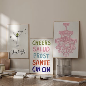 Set van 3 trendy barwagenafdrukken Happy Hour Print Cheers Unique Home Digitale Download College Dorm Decor Esthetisch Retro Vintage Art Trio