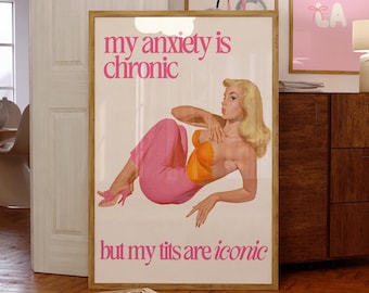 Retro Woman Funny Quote Social anxiety Poster Trendy Vintage Housewife Wall art Print aesthetic apartment decor 60s 70s digital download