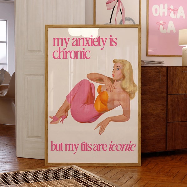 Retro donna divertente citazione Ansia sociale Poster Trendy Vintage casalinga Wall art Stampa estetica appartamento arredamento anni '60 anni '70 download digitale