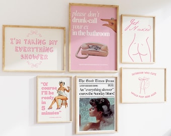 Paquete de 6 impresiones de arte de pared para baño, decoración de apartamentos, dormitorios universitarios, póster estético retro, descarga digital instantánea, carteles eclécticos de moda