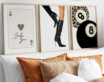 Set of 3 Neutral Vintage Prints Leopard Cheetah Print 8 Ball Lucky Trendy Wall Art Gallery Preppy Chic Luxury Home Decor Digital Download