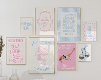 Galería de pared rosa pastel y azul bebé para dormitorio Coqueta retro de moda Conjunto de 8 impresiones Descarga digital Girls Room Decor College dorm art