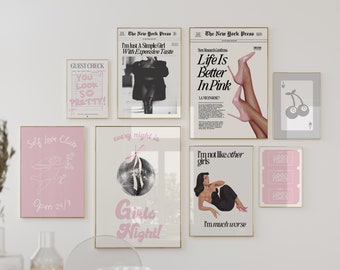 8 Grey and Pink Trendy Girly Wall gallery prints retro vintage aesthetic baddie hot girl art posters instant digital download preppy funky