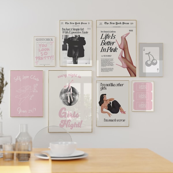 8 Grey and Pink Trendy Girly Wall gallery prints retro vintage aesthetic baddie hot girl art posters instant digital download preppy funky