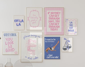 Pink and Blue Wall Gallery for Bedroom Apartment Trendy Retro Coquette Set of 8 Prints Digital Download Girls Room Decor College dorm art