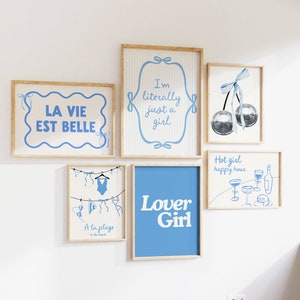 Blue set of 6 Coquette Trendy Wall Prints Digital Download Disco Aesthetic Posters for Room Dorm Bedroom Apartment Preppy Funky Gallery Art