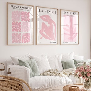 Matisse Picasso Set of 3 Pink Printable Retro Posters Vintage Flower Market Danish Pastel Blush Boho Scandinavian Decor Girly Wall Art