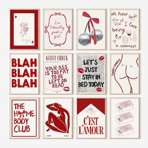 Red Gallery Wall Set Printable Digital Download 12 Prints Bedroom Teenage Girl Room Trendy Girly Cool Cute Retro Posters Coquette Apartment