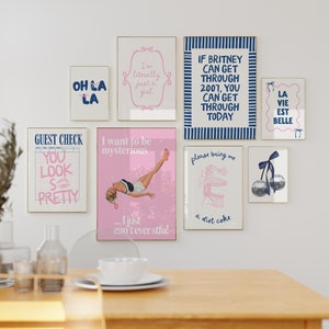 Pink and Navy Blue Wall Gallery for Bedroom Apartment Trendy Retro Coquette Set 8 Prints Digital Download Girls Room Decor College dorm art