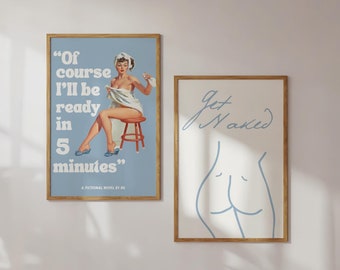 Bathroom art print DUO funny quote for college dorm apartment blue aesthetic poster instant digital download wall gallery girly posters