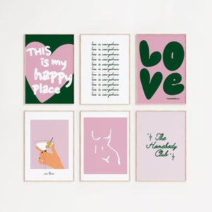 Set of 6 Pink and Green Wall Print Gallery Digital Download Printable Retro Prints for college dorm bedroom apartment aesthetic decor trendy