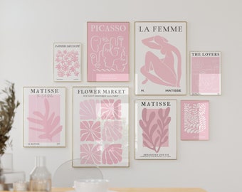 Matisse Picasso Set of 8 Pink Printable Retro Posters Vintage Flower Market Danish Pastel Blush Boho Scandinavian Decor Girly Wall Art