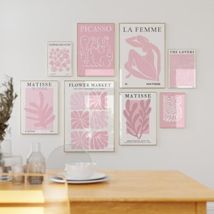 Matisse Picasso Conjunto de 8 carteles retro imprimibles rosas Vintage Flower Market Danés Pastel Blush Boho Escandinavo Decoración Girly Wall Art
