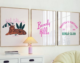 Set van 3 Preppy roze muurafdrukken vintage retro strand esthetische kunstposter digitale download afdrukbare trendy home decor studentenkamer
