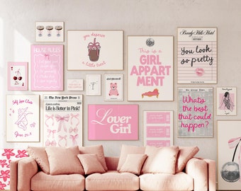 Roze fotowandset afdrukbare digitale download roze prints voor slaapkamer tienermeisjeskamer trendy girly cool schattig retro posters coquette