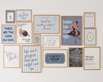 Blue Wall Art Gallery Set Trendy Retro Cottagecore Prints Cute Girly Posters for College Dorm Girl Apartment Decor Vintage DIGITAL DOWNLOAD