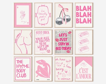 Pink Gallery Wall Set Afdrukbare Digitale Download 12 Roze Prints voor Slaapkamer Tienermeisje Kamer Trendy Girly Cool Cute Retro Posters Coquette