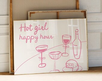 May include: A pink illustration of wine glasses, a bottle of wine, and a piece of cheese on a white background. The text "Hot girl happy hour" is written in pink at the top of the image.