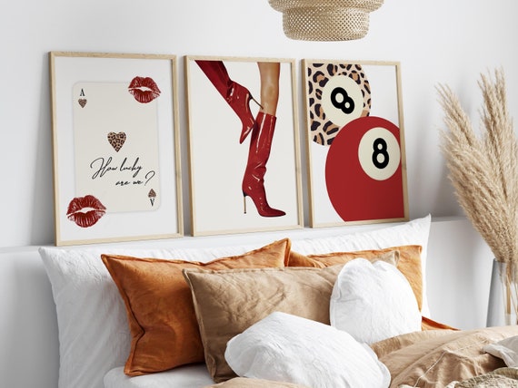 Set of 3 Red Vintage Prints Leopard Cheetah Print 8 Ball Lucky