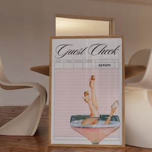 May include: A printable guest check with a pink and white striped background. The check has columns for date, table, guests, and server. A woman's legs are shown sticking out of a glass of pink champagne.
