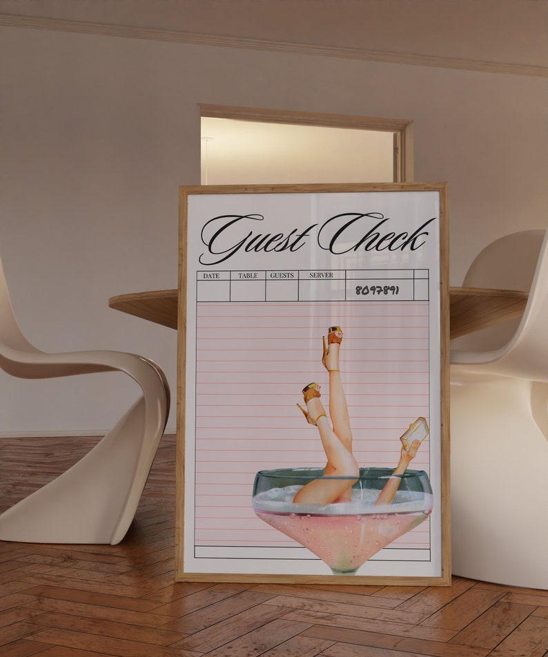 May include: A printable guest check with a pink and white striped background. The check has columns for date, table, guests, and server. A woman's legs are shown sticking out of a glass of pink champagne.