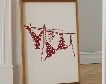 Red Polka Dot Bikini On Clothesline Print, College Apartment Decor, Dorm Posters, Trendy Wall Art, Girly Preppy Aesthetic, DIGITAL DOWNLOAD