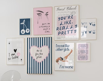 Navy Blue & Pastel Pink Retro Prints - Gallery Wall Art Set (Digital Download