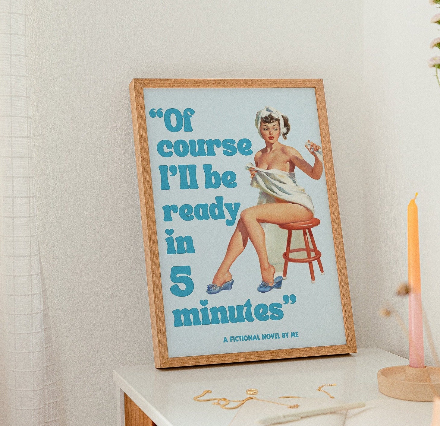 Blue Bathroom Retro Funny Print Getting Ready Pin Up 60s Woman Poster Trendy Digital Download Art for Printing Vintage Girly Decor Apartment