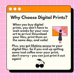 K&ouml;nnte beinhalten: Werbung f&uuml;r Digitaldrucke auf rosa kariertem Hintergrund. Der Text lautet &bdquo;Warum Digitaldrucke w&auml;hlen?&ldquo; und erkl&auml;rt die Vorteile. Eine Illustration einer Person in einem schwarzen Kleid und eine Kirschen-Illustration sind enthalten.
