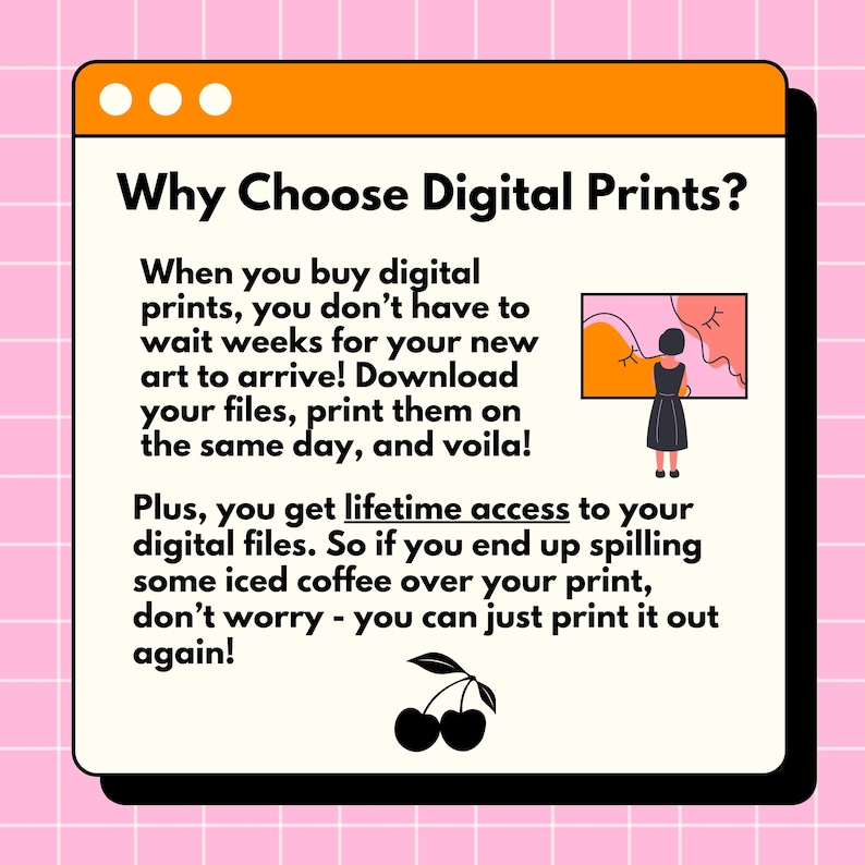 K&ouml;nnte beinhalten: Werbung f&uuml;r Digitaldrucke auf rosa kariertem Hintergrund. Der Text lautet &bdquo;Warum Digitaldrucke w&auml;hlen?&ldquo; und erkl&auml;rt die Vorteile. Eine Illustration einer Person in einem schwarzen Kleid und eine Kirschen-Illustration sind enthalten.