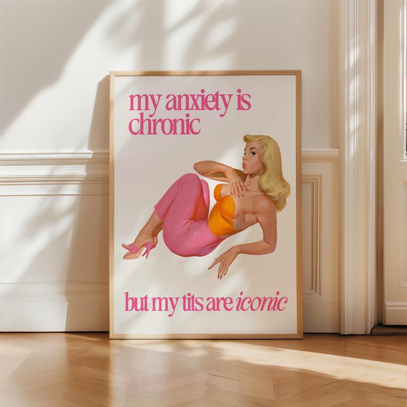 Mulher retro engraçado citação ansiedade social cartaz na moda dona de casa do vintage arte da parede impressão estética decoração do apartamento 60s 70s download digital imagem 2