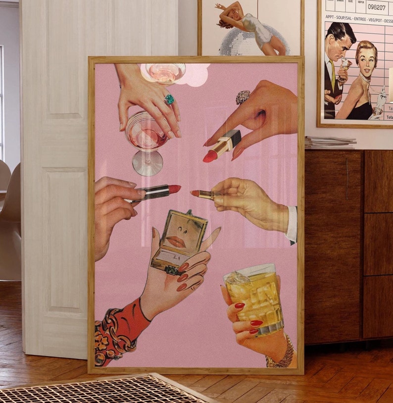 May include: A pink background with a collage of images of hands holding various items, including lipstick, a glass of wine, a compact mirror, and a glass of whiskey. The hands are wearing rings and bracelets.