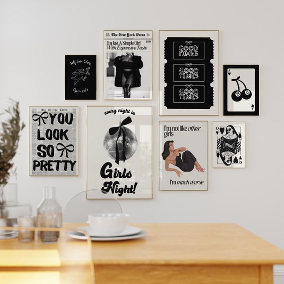 Black Trendy Wall Gallery for Bedroom Apartment Trendy Retro Coquette Set of 8 Prints Digital Download Girls Room Decor College dorm art