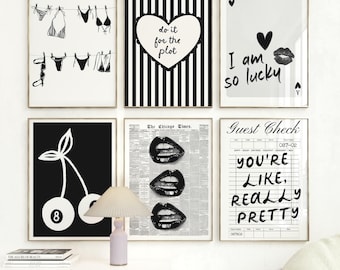 Black and White Wall Gallery Set of 6 DIGITAL Trendy Fashion Art Prints for College Dorm Funky Girly Apartment Decor Chic Retro Girls Room